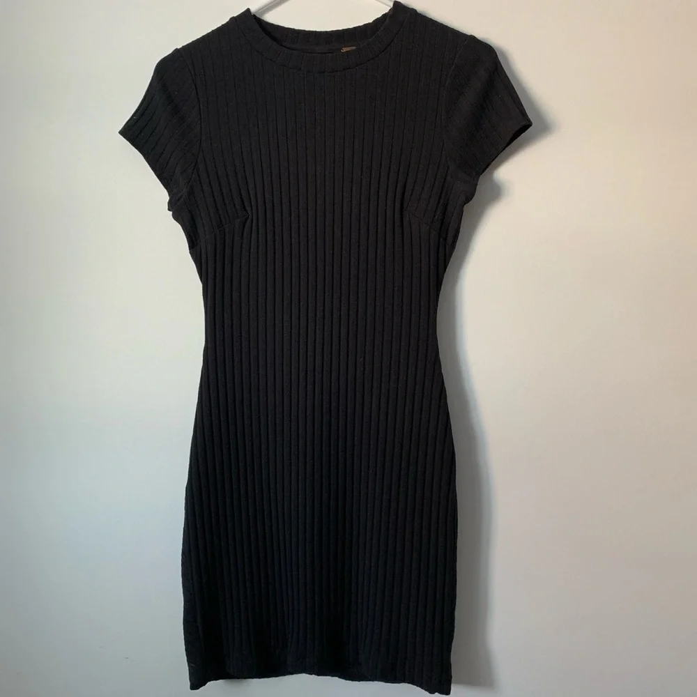 Free People Black Ribbed Bodycon Dress w/ Crew Neck, Cap Sleeves, & Cut Out Back